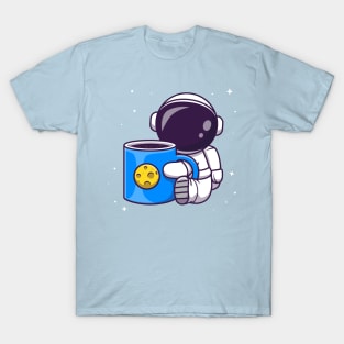 Cute Astronaut Holding Cup Coffee Space Cartoon T-Shirt